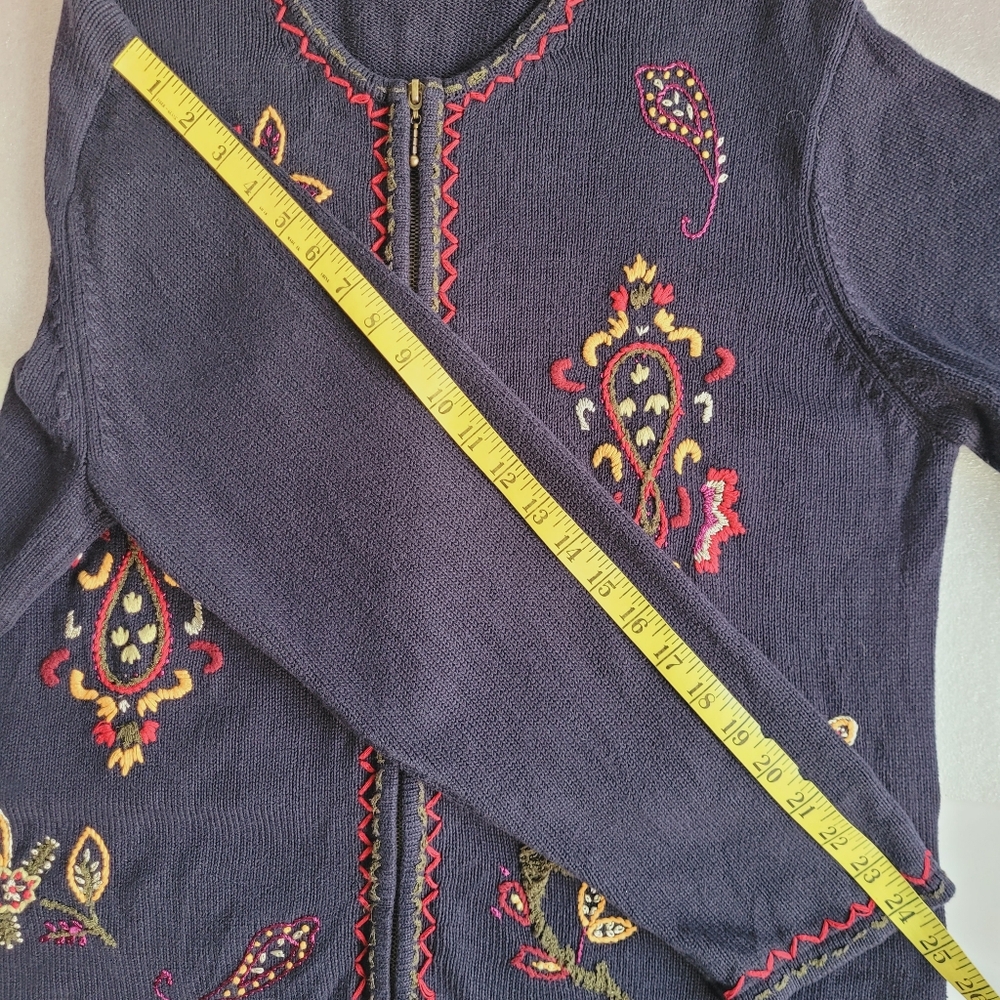 90s Boho Floral Embroidered Cardigan Navy Blue XL 12-14 - Picture 14 of 16